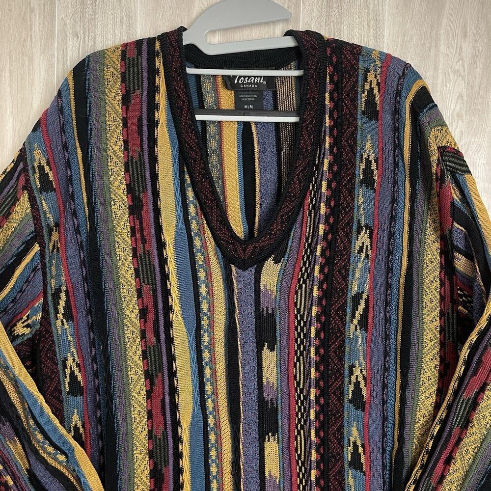 Tosani Canada VTG Colorful Knit Sweater Mens M Coogi STYLE Cotton Retro 90’s 3D